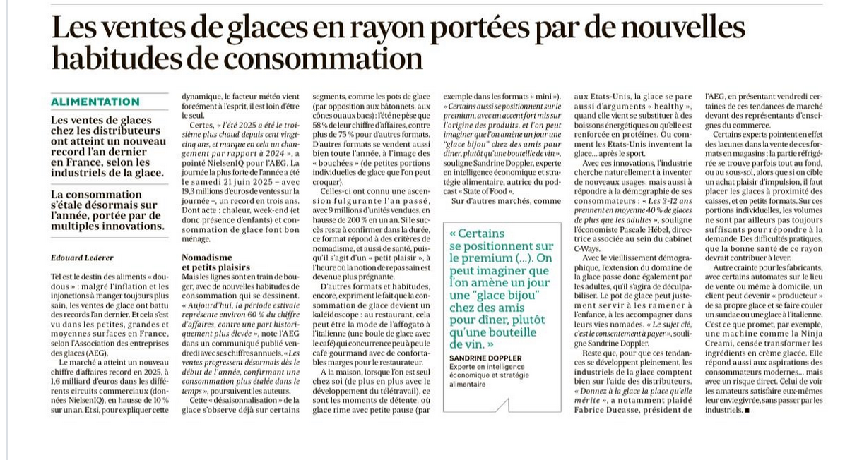 Sandrine Doppler citée dans Les Échos sur les nouvelles habitudes de consommation de glaces